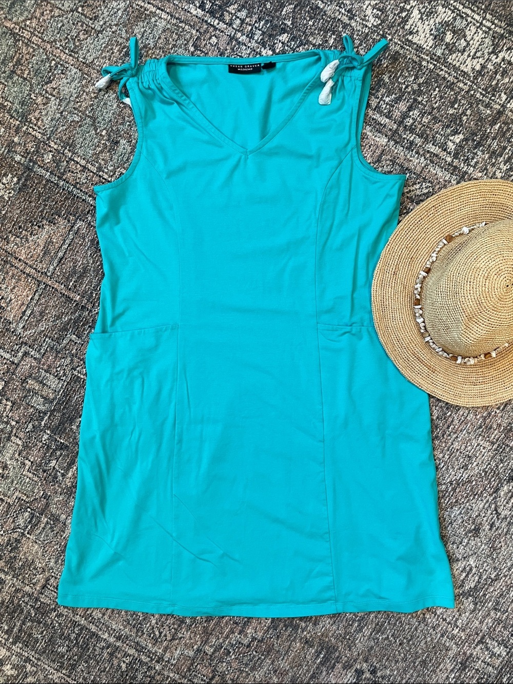 Susan Graver Weekend Cotton Dress Turquoise Sleeveless Pockets L